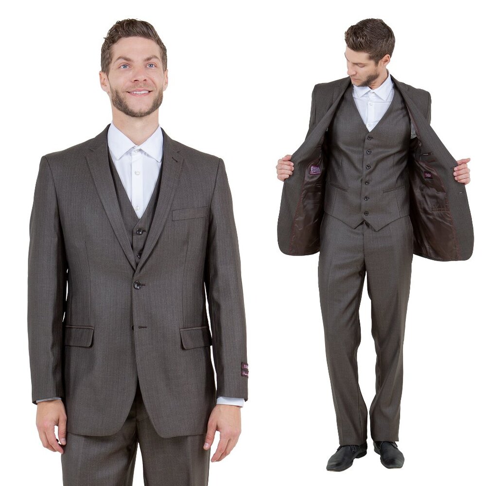Modern Fit Sharkskin 3pc Men's Suit Set, Brown